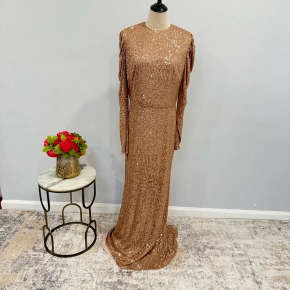 Mac Duggal Sequin High Neck Juliet Puff Long SleeveTrumpet Column Gown Copper